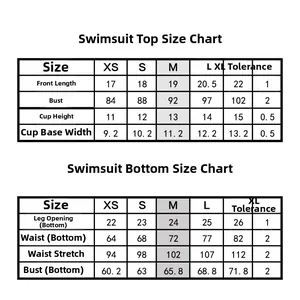 Detailed size chart for women's halter bikini set including top and bottom measurements