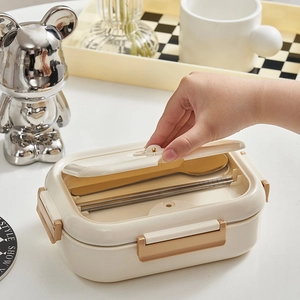 304 stainless steel lunch box set in beige with golden utensils and partitioned lid