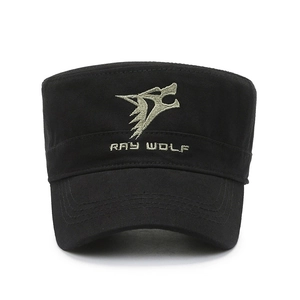 Men's black canvas flat top cadet hat with wolf embroidery and Ray Wolf lettering