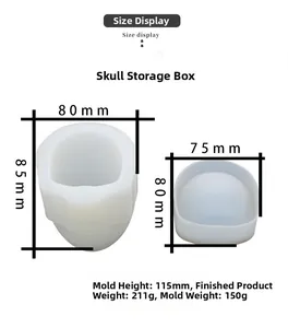 Macro display of skull storage box silicone mold with detailed dimension measurements