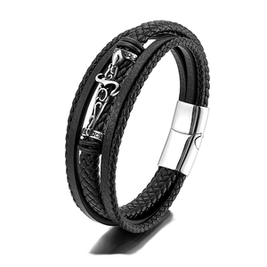 Multilayer black braided leather bracelet with silver cross accent and magnetic clasp