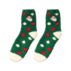 Winter thermal coral fleece socks with green Christmas theme and Santa Claus pattern