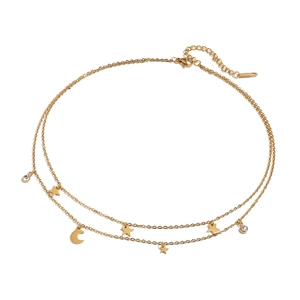 Double-layered golden stainless steel necklace with celestial star and moon pendants