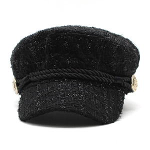 Elegant black tweed baker boy hat with braided rope and vintage gold metal buttons