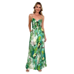 Women's green leaf print jumpsuit with spaghetti straps and front tie bow detail