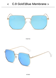 Front and 45-degree side view of gold metal sunglasses with blue mirrored lenses
