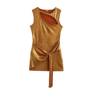 Robe Mini Moulante Sans Manches Femme Polyester Métallique Épaule Évidée Nœud Taille Sexy Tenue De Soirée