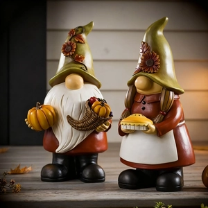 Detailed resin gnomes with sunflowers and pumpkins for autumn harvest festival decor