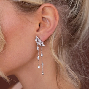 Luxurious S925 silver tassel earrings with marquise cubic zirconia on a model