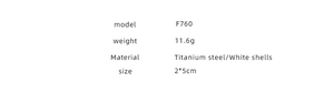 Specifications of F760 heart earrings in titanium steel and white shell, 11.6g, 2x5cm