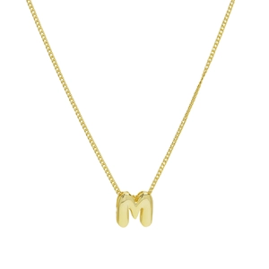 18k gold plated brass bubble letter M pendant necklace on a clean white background