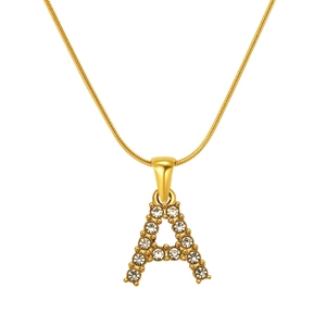 Gold letter A pendant necklace with sparkling rhinestones on a fine snake chain