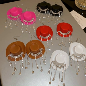 Cowboy hat tassel earrings with rhinestones in pink, black, red, brown and white colors