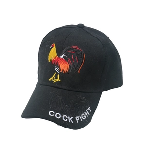 Black baseball cap with colorful rooster embroidery and COCK FIGHT text on the brim