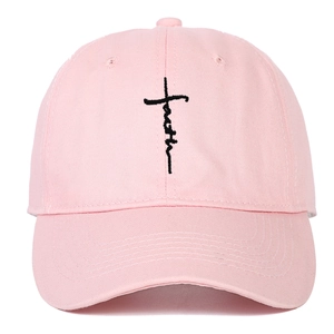 Pink cotton baseball cap with black faith cross embroidery and curved brim for women
