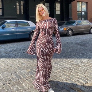 Detail of bohemian zebra print long dress with flared sleeves in urban street style