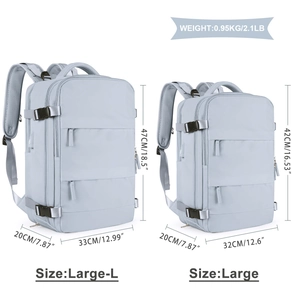 Detailed size comparison guide for two grey travel backpacks with precise measurements