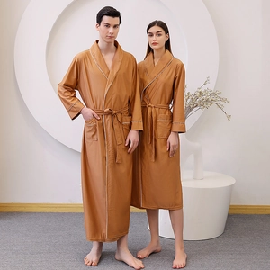 Long waffle-weave satin bathrobe with contrast piping and tie closure for couples