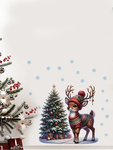 Détail de stickers Noël avec un cerf festif, un sapin décoré et des éléments de flocons