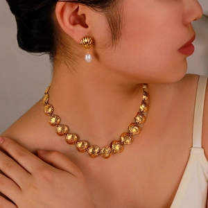 Shell Necklace And Artificial Pearl Earrings Stainless Steel 18K Gold Plated Ocean Beach Style For Women Trendy Accessory