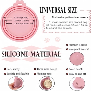 Three-tier silicone pet can lid showing universal fit sizes for various cat and dog food cans