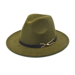 Detail of wool fedora hat featuring army green felt and black leather belt buckle