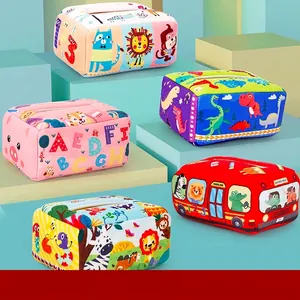 Colorful plush tissue box toys with cartoon animal prints for infant sensory development