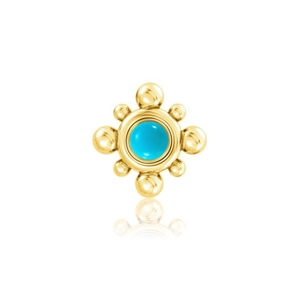 Close-up of a vintage silver piercing stud featuring a turquoise stone and gold beads