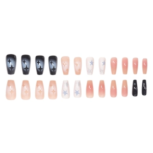 Star pattern gradient press-on nail set with 24 pieces in black and nude glitter finish