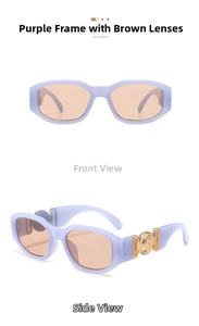 Detail of purple polygon sunglasses with tea lenses and golden circular relief on temples
