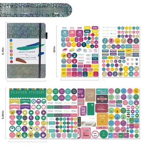 Detailed set overview showing one teal weekly planner and six sheets of functional stickers