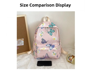 Detail view of pink backpack with blue butterfly and daisy print showing the front pocket