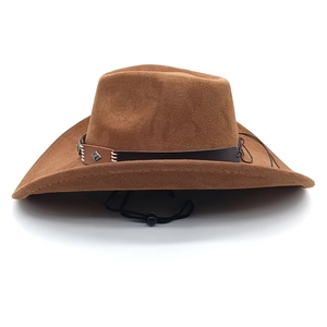 Detail of brown suede cowboy hat featuring leather band, metal buckle and adjustable chin strap