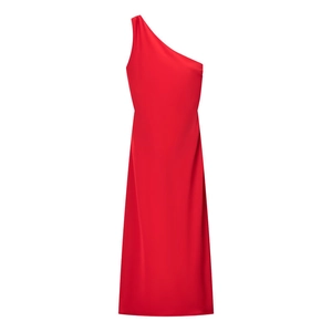 Elegant bright red one-shoulder satin maxi dress with asymmetrical cut and silky finish