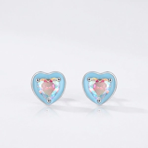 S925 sterling silver heart stud earrings with colorful opal stone and blue enamel