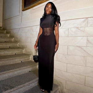 Women Sleeveless High Neck Mesh Patchwork Maxi Dress Polyester Spandex Slim Fit Bodycon Sexy Elegant Party Long Gown
