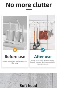 Kitchen storage rail with S-hooks showing before and after organization with soft-tip hooks