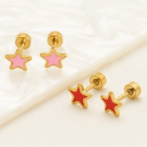 Star-shaped titanium steel screw-back earrings set in gold with pink and red enamel