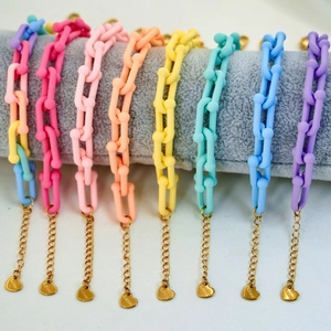 Colorful acrylic and stainless steel link bracelets set with heart pendants in candy colors