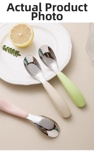 Detail of 316L stainless steel baby spoons with colorful macaron silicone handles