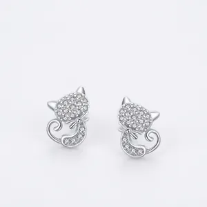 925 Sterling Silver Cute Cat Stud Earrings With Rhinestone Inlaid Korean Style Animal Earring For Women Jewelry Fashion Gift