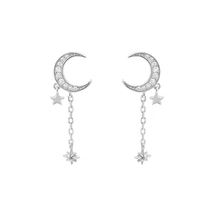 Elegant S925 silver star and moon tassel drop earrings with sparkling zircon stones