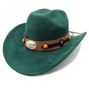 Detail of dark green suede cowboy hat with embossed bull head metal buckle and ethnic trim