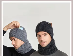 Winter knit hat and scarf set with functional side pocket and warm fleece lining