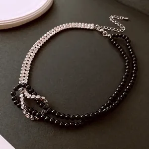 Double-layer knotted necklace with sparkling rhinestones and black beads chokers