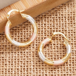 Close-up of tri-color metal hoop earrings with textured spiral design and hinge clasp