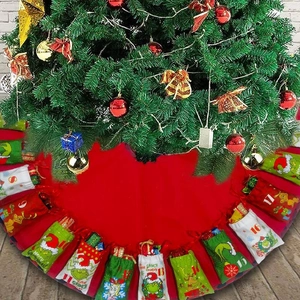 Red Christmas tree skirt featuring a countdown advent calendar with festive pockets