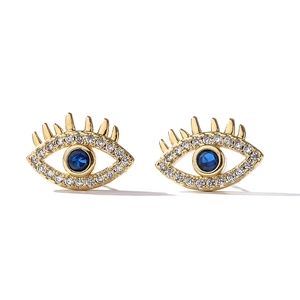 Luxurious gold plated evil eye stud earrings with blue zircon and sparkling crystals