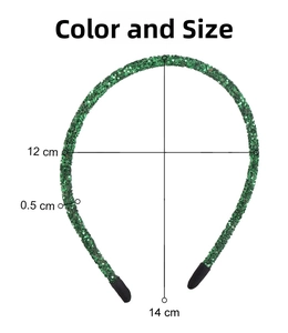 Detail view showing green glitter headband dimensions with black non-slip protective tips