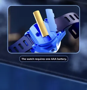 Detail showing the battery compartment of a blue remote control car watch toy for kids